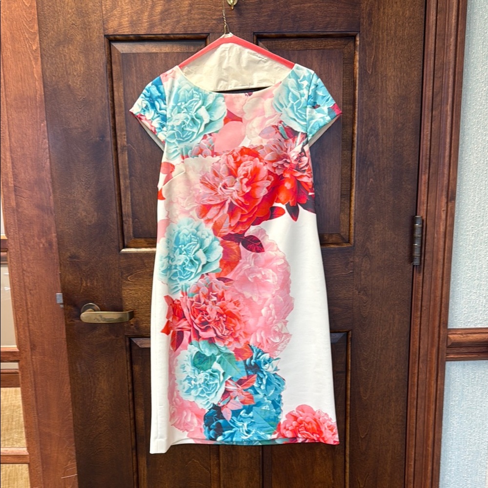 Eliza J Sheath Dress in Blue and Pink with Cap Sleeves